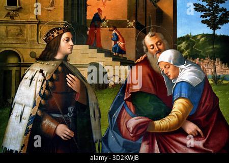 Incontro di Gioacchino e Anna con San Luigi IX e Santa Libera - Treffen von Joachim und Anna mit Saint Louis IX und Saint Libera, Italien, Italienisch, (Louis IX, allgemein bekannt als Saint Louis, war König von Frankreich 1214-1270) Vittore Carpaccio (Venedig 1460-1526) Italien Italienisch Stockfoto