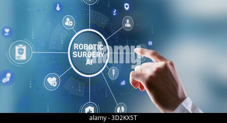 Ein Roboterchirurgiesystem mit KI führt einen präzisen minimalinvasiven Eingriff durch. Stockfoto