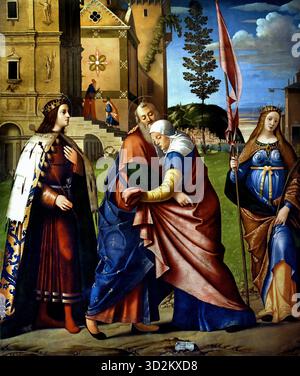 Incontro di Gioacchino e Anna con San Luigi IX e Santa Libera - Treffen von Joachim und Anna mit Saint Louis IX und Saint Libera, Italien, Italienisch, (Louis IX, allgemein bekannt als Saint Louis, war König von Frankreich 1214-1270) Vittore Carpaccio (Venedig 1460-1526) Italien Italienisch Stockfoto
