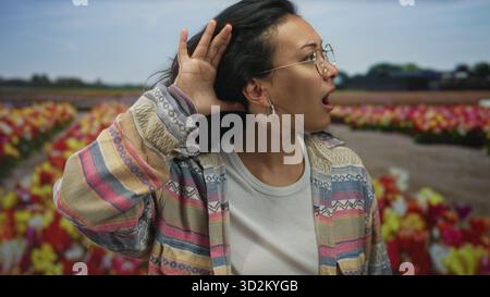 Frau, die Hand zu Ohr schröpft, hört auf einem Tulpenfeld, trägt Brille und gestreifte Jacke; Neugier-Entdeckung. Stockfoto