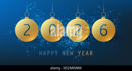 Moderne minimalistische einfache Karte in Blau und Goldenem Neujahr, Cover oder Hintergrund, Typografie-Design-Vorlage mit hängenden Weihnachtskugeln - 2026 Stock Vektor