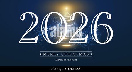 Dunkle Weihnachts- und Neujahrskarte Hintergrund Design mit leuchtendem Weihnachtsbaum, Schnee, Schneeflocken und weißen Zahlen - Illustration in editierbarem Vektor Stock Vektor