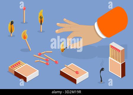 Isometrische flache 3D-Illustration von Matchstick Box, Holzstäbe für die Herstellung von Lagerfeuer im Freien Stockfoto