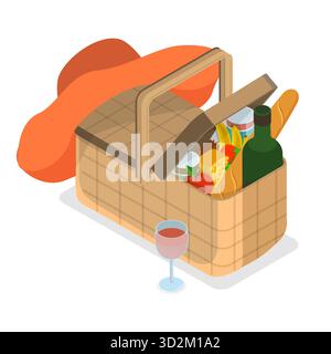 3D Isometrischer flacher Satz Picknickkörbe, Essen in Korbkisten. Punkt 2 Stockfoto