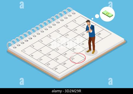 3D-Isometrische Darstellung des Gehaltskalenders, Mitarbeiter, der auf Gehaltszahlung wartet Stockfoto