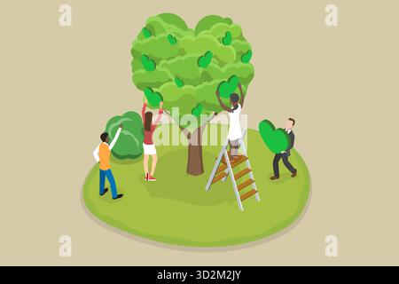 Isometrische flache 3D-Illustration von Liebe und Sorgfalt für die Umwelt, Freiwilligenarbeit Stockfoto