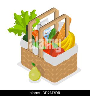 3D Isometrischer flacher Satz Picknickkörbe, Essen in Korbkisten. Punkt 3 Stockfoto