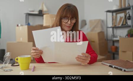 Senior hispanic Frau, die Dokumente in einem neuen Wohnzimmer prüft, umgeben von Umzugskartons und Gegenständen, die eine Szene des Übergangs und der Organisation zeigen Stockfoto