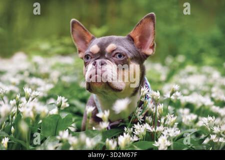 Lilafarbene orange braune französische Bulldogge mit langer gesunder Nase zwischen weißen wilden Knoblauchblüten im Wald Stockfoto