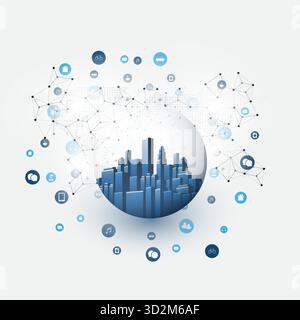 Futuristisches Designkonzept für Smart City, IoT und Cloud Computing mit blauen Symbolen für digitale Geräte und Serviceknoten – hohe Gebäude in einem Stock Vektor