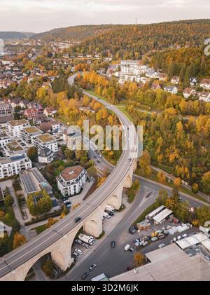 Blick aus der Vogelperspektive auf einen Park im Herbst, umgeben von Gebäuden, mit einem kleinen Fluss, Nagold, Schwarzwald, Deutschland Stockfoto