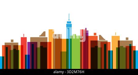 Isolierte Illustration einer pulsierenden Skyline der Stadt mit hohen Gebäuden und Wolkenkratzern in mehreren hellen Farben. Die Komposition verwendet vertikal Rect Stock Vektor