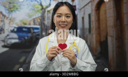 Junge Frau Doktor mit Stethoskop hält rotes Herz auf städtischer Straße draußen mit selbstbewusstem Ausdruck trägt medizinische Uniform, die Gesundheit Awar fördert Stockfoto