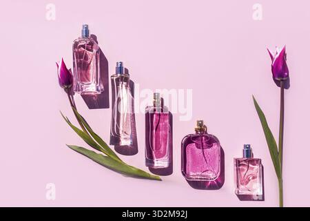Ein Set von Parfümflaschen in verschiedenen Formen auf einem lilafarbenen Hintergrund mit zarten rosa Tulpen. Flache Lagen. Draufsicht. Präsentation der Frühlingsdufte Stockfoto