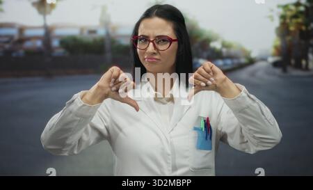 Hispanische Wissenschaftlerin in Uniform, die die Daumen nach unten auf der städtischen Straße im Freien macht Stockfoto
