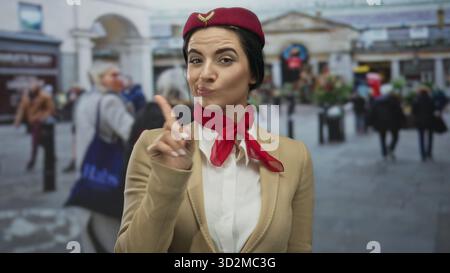 Hispanische Flugbegleiterin in Uniform Gesten nein in einer belebten Outdoor-Straßenszene mit vielfältiger Menschenmenge. Stockfoto