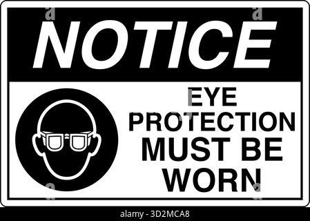 Sicherheitsschild – das Tragen von Augenschutz erinnert die Arbeiter daran, in Bereichen, in denen umherfliegende Fremdkörper, Chemikalien oder Partikel ein Risiko darstellen, eine Schutzbrille zu tragen. Stock Vektor