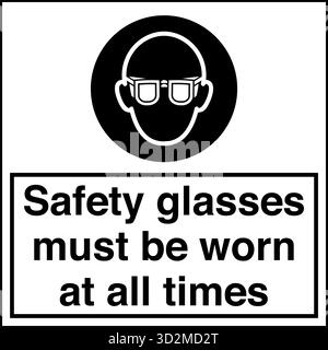 Sicherheitsschild – das Tragen von Augenschutz erinnert die Arbeiter daran, in Bereichen, in denen umherfliegende Fremdkörper, Chemikalien oder Partikel ein Risiko darstellen, eine Schutzbrille zu tragen. Stock Vektor