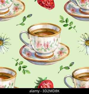 Nahtloses Aquarellmuster mit Vintage-Teetassen, Kamillenblüten, Erdbeeren und grünen Blättern, gemütliches Cottagecore-Design, handbemalt mit Blumenmuster Stockfoto