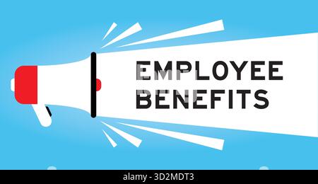 Farbiges Megaphon-Symbol mit dem Wort „Mitarbeiterleistungen“ in weißem Banner auf blauem Hintergrund Stock Vektor