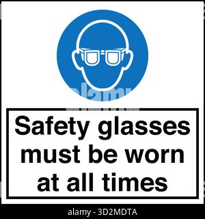 Sicherheitsschild – das Tragen von Augenschutz erinnert die Arbeiter daran, in Bereichen, in denen umherfliegende Fremdkörper, Chemikalien oder Partikel ein Risiko darstellen, eine Schutzbrille zu tragen. Stock Vektor