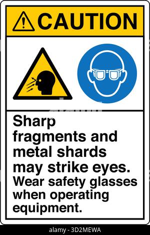 Sicherheitsschild – das Tragen von Augenschutz erinnert die Arbeiter daran, in Bereichen, in denen umherfliegende Fremdkörper, Chemikalien oder Partikel ein Risiko darstellen, eine Schutzbrille zu tragen. Stock Vektor