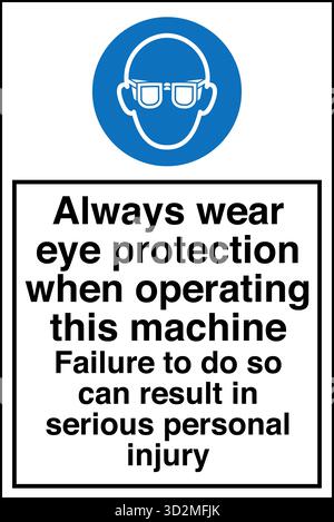 Sicherheitsschild – das Tragen von Augenschutz erinnert die Arbeiter daran, in Bereichen, in denen umherfliegende Fremdkörper, Chemikalien oder Partikel ein Risiko darstellen, eine Schutzbrille zu tragen. Stock Vektor