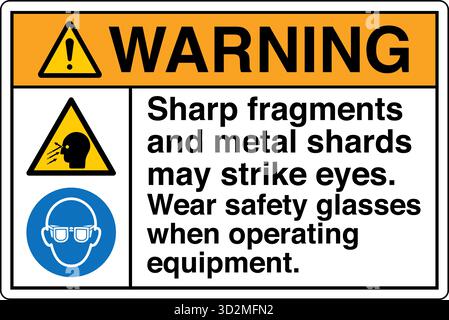 Sicherheitsschild – das Tragen von Augenschutz erinnert die Arbeiter daran, in Bereichen, in denen umherfliegende Fremdkörper, Chemikalien oder Partikel ein Risiko darstellen, eine Schutzbrille zu tragen. Stock Vektor