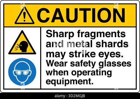 Sicherheitsschild – das Tragen von Augenschutz erinnert die Arbeiter daran, in Bereichen, in denen umherfliegende Fremdkörper, Chemikalien oder Partikel ein Risiko darstellen, eine Schutzbrille zu tragen. Stock Vektor