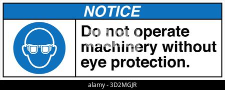 Sicherheitsschild – das Tragen von Augenschutz erinnert die Arbeiter daran, in Bereichen, in denen umherfliegende Fremdkörper, Chemikalien oder Partikel ein Risiko darstellen, eine Schutzbrille zu tragen. Stock Vektor