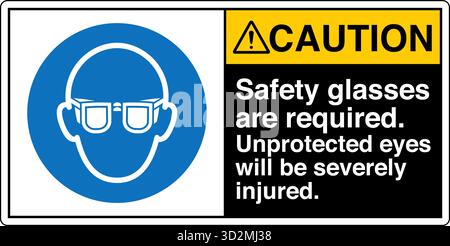 Sicherheitsschild – das Tragen von Augenschutz erinnert die Arbeiter daran, in Bereichen, in denen umherfliegende Fremdkörper, Chemikalien oder Partikel ein Risiko darstellen, eine Schutzbrille zu tragen. Stock Vektor