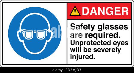 Sicherheitsschild – das Tragen von Augenschutz erinnert die Arbeiter daran, in Bereichen, in denen umherfliegende Fremdkörper, Chemikalien oder Partikel ein Risiko darstellen, eine Schutzbrille zu tragen. Stock Vektor