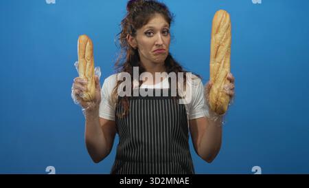 Frau, die zwei Baguettes mit Handschuhen hält und vergleicht, während sie eine gestreifte Schürze in blauem Studio trägt; skurriler Zweifeln-Bäckerei-Humor. Stockfoto