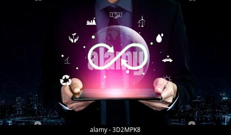 Das Konzept einer Kreislaufwirtschaft für nachhaltige Produktion und nachhaltigen Verbrauch. Ein globales Modell für Recycling, Wiederverwendung und erneuerbare Energien für die Zukunft Stockfoto