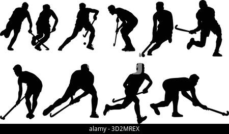 Hockey Sport Action Silhouette Set Kollektion zeigt Spieler in Bewegung, Stick Handling, Schießen und Torhüter-Posen für sportliche Design-Themen Stock Vektor