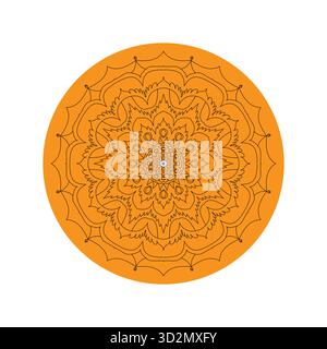 Warmer Sonnenuntergang: Komplexe handgezeichnete Mandala-Kunst auf einem orangefarbenen Kreis Hintergrund Stock Vektor