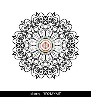 Markante Umrisse Mandala: Blumen- und Scrollmuster mit konzentrischen Punkten in der Mitte Stock Vektor