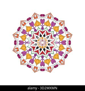 Lebendige Mandala-Kunst mit Blumenmuster: Helles, symmetrisches Design mit auffälligen Farbtönen und Blütenmotiven Stock Vektor