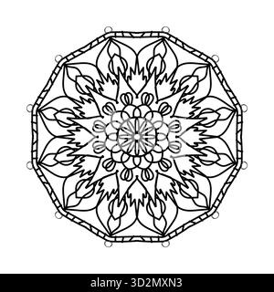 Achteckige Mandala-Farbseite: Fettgedruckte Liniengrafik und geometrisches Muster wie Blumen Stock Vektor