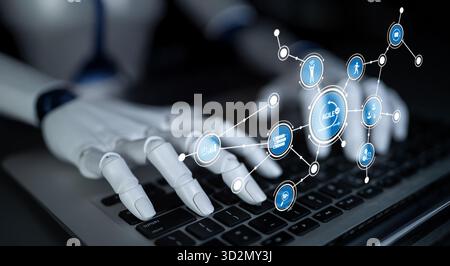 Ein fesselndes Bild von Roboterhänden, die auf einer Tastatur tippen, umgeben von digitalen Symbolen, die fortschrittliche Technologie und Innovation in einem modernen Stil darstellen Stockfoto