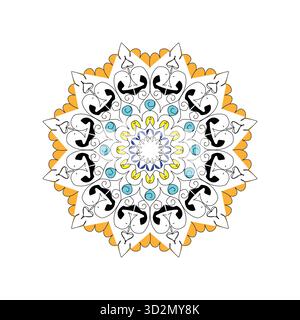 Lebendige Mandala-Kunst mit orangen, blaugrünen und gelben Blumen- und abstrakten Motiven Stock Vektor