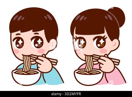 Kawaii Chibi Mädchen und Junge essen Nudeln mit Essstäbchen. Niedliche Zeichentrickfilm Anime Charaktere Vektor ClipArt Illustration. Stock Vektor