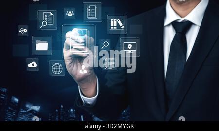 Ein umfassendes Dokumentenmanagementsystem für Unternehmensdaten. Dazu gehören sichere Dateispeicherung, Teamzusammenarbeit und Compliance-Prüfungen für alle Stockfoto