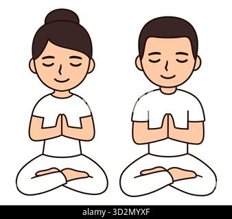 Niedlicher Cartoon-Mann und -Frau in weißen Kleidern, die in Meditation sitzen und die Hände in anjali (namaste) gefaltet haben. Einfache Illustrationszeichnung für Vektorclips. Stock Vektor