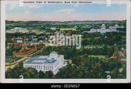 Postkarte mit Panoramablick auf Washington, DC, USA, Blick nach Osten vom Washington Monument, mit Smithsonian Institution, New National Museum, Union Station, Senate Office Building, US Capitol, Library of Congress und House Office Building, 1920. Stockfoto