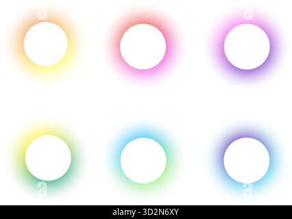 Runde Rahmen mit Lichtverlauf isoliert auf weißem Hintergrund. Holografisches Design mit weicher, leuchtender Borte. Moderne Regenbogenschablone mit verschwommenem Muster Stock Vektor