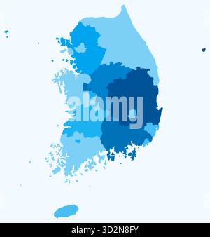 Karte der Republik Korea mit Regionen. Nur eine einfache Ländergrenzkarte mit regionaler Aufteilung. Hellblaue Farbpalette. Stock Vektor