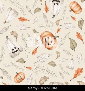 Dieses Halloween-Muster mit verschiedenen kultigen Elementen fällt Blätter und Kürbisse. Nahtloser Hintergrund perfekt für Textilien, Tapeten und Festtage Stockfoto