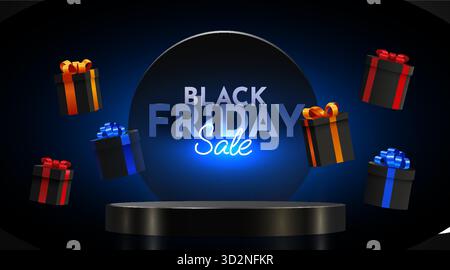 Black Friday Sale Banner mit Geschenkkartons und leuchtendem Neontext auf dunklem Hintergrund. Vektorabbildung Stock Vektor