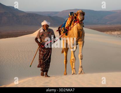 Ein einheimischer Mann führt ein Kamel über die atemberaubenden Zahek Sanddünen, während die Sonne über Socotra untergeht, und zeigt den goldenen Sand und die einzigartige Landschaft. Stockfoto